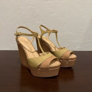 Sergio Rossi Tan and Cream Wedge Sandals